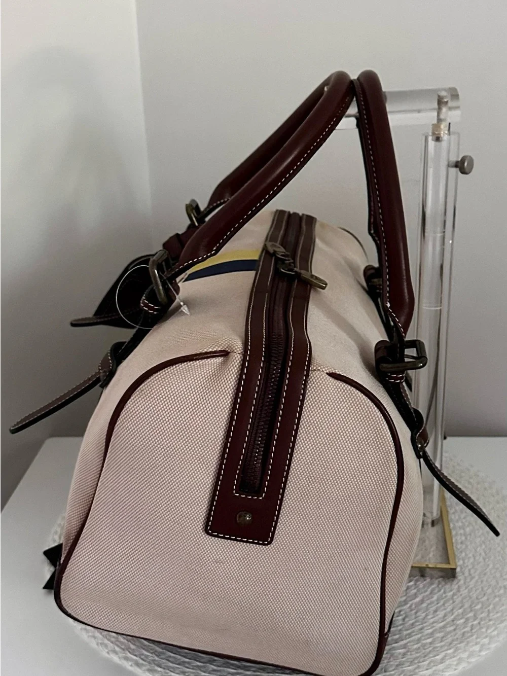 MCM Limited Beige Canvas Brown Leather Trim Boston Weekender Duffle Bag Unisex